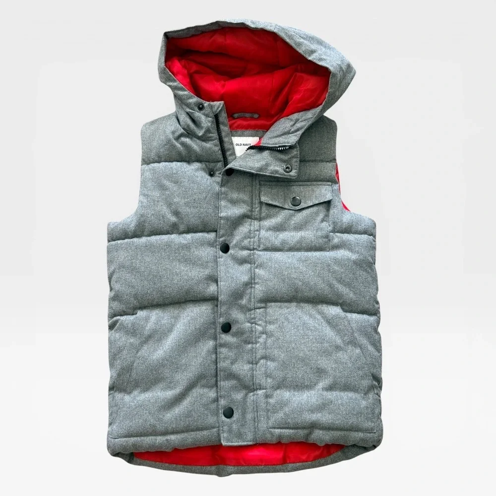 Old Navy Kids Grey Quilted Hooded Puffer Vest Red Lining Size L 10-12